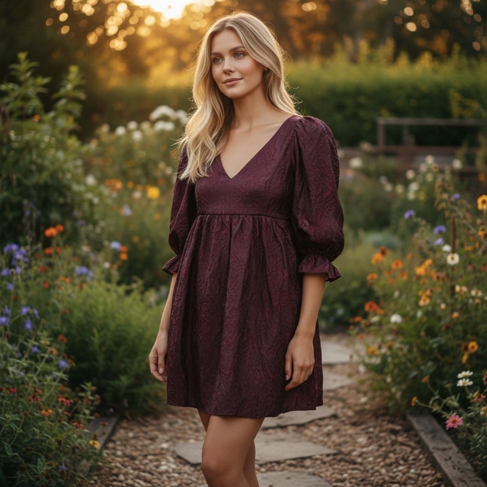 Allison + Kelly Burgundy Boho Babydoll Puff Sleeve Mini Dress Cottagecore Size S